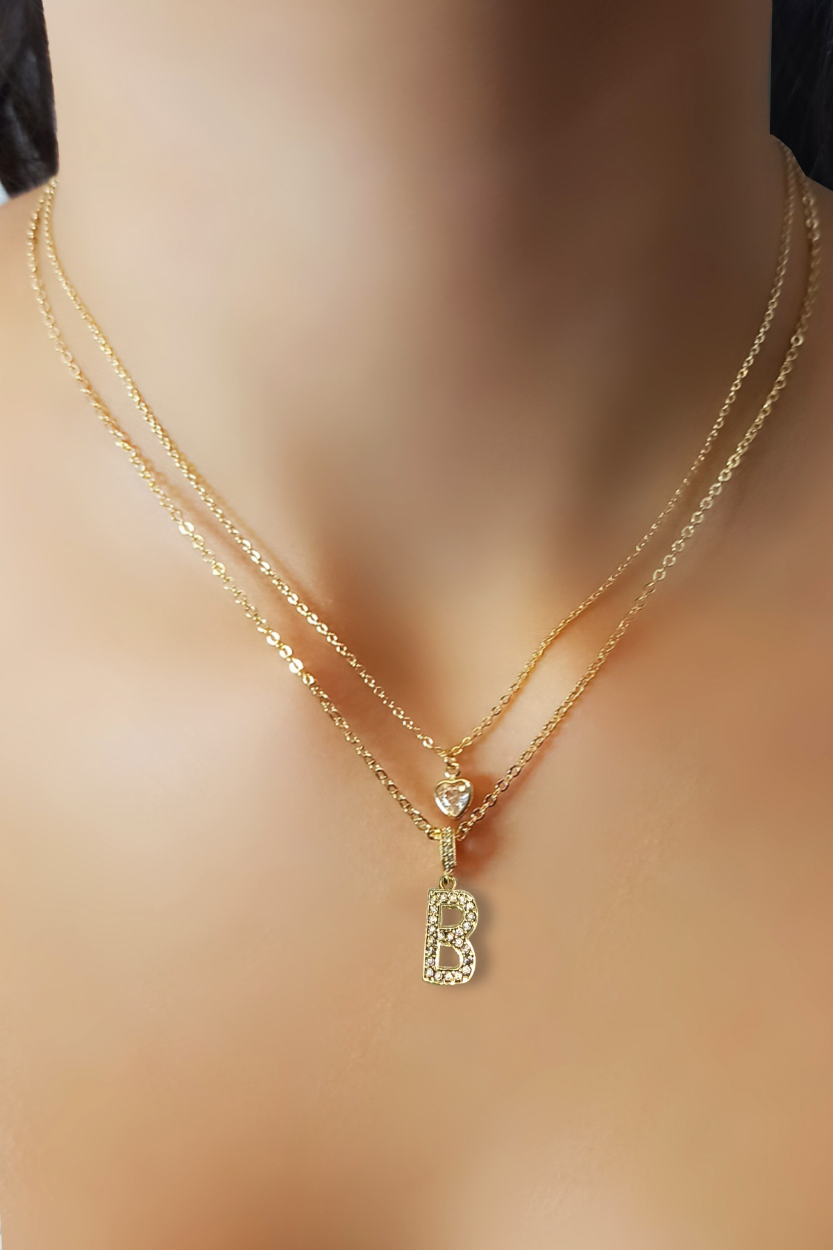 Kadın Kararmayan Çelik Gold Zirkon Taşlı Küçük Kalpli B Harfli Çift Katman Kolye Gold006