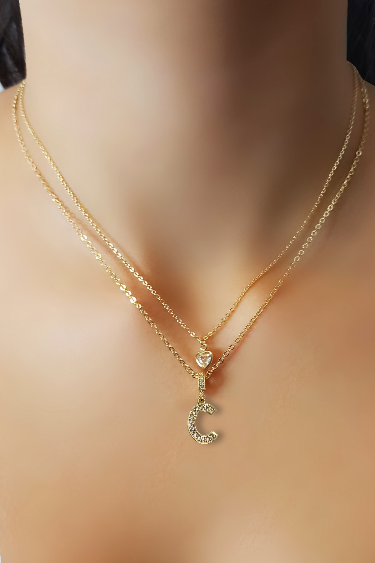 Kadın Kararmayan Çelik Gold Zirkon Taşlı Küçük Kalpli C Harfli Çift Katman Kolye 006