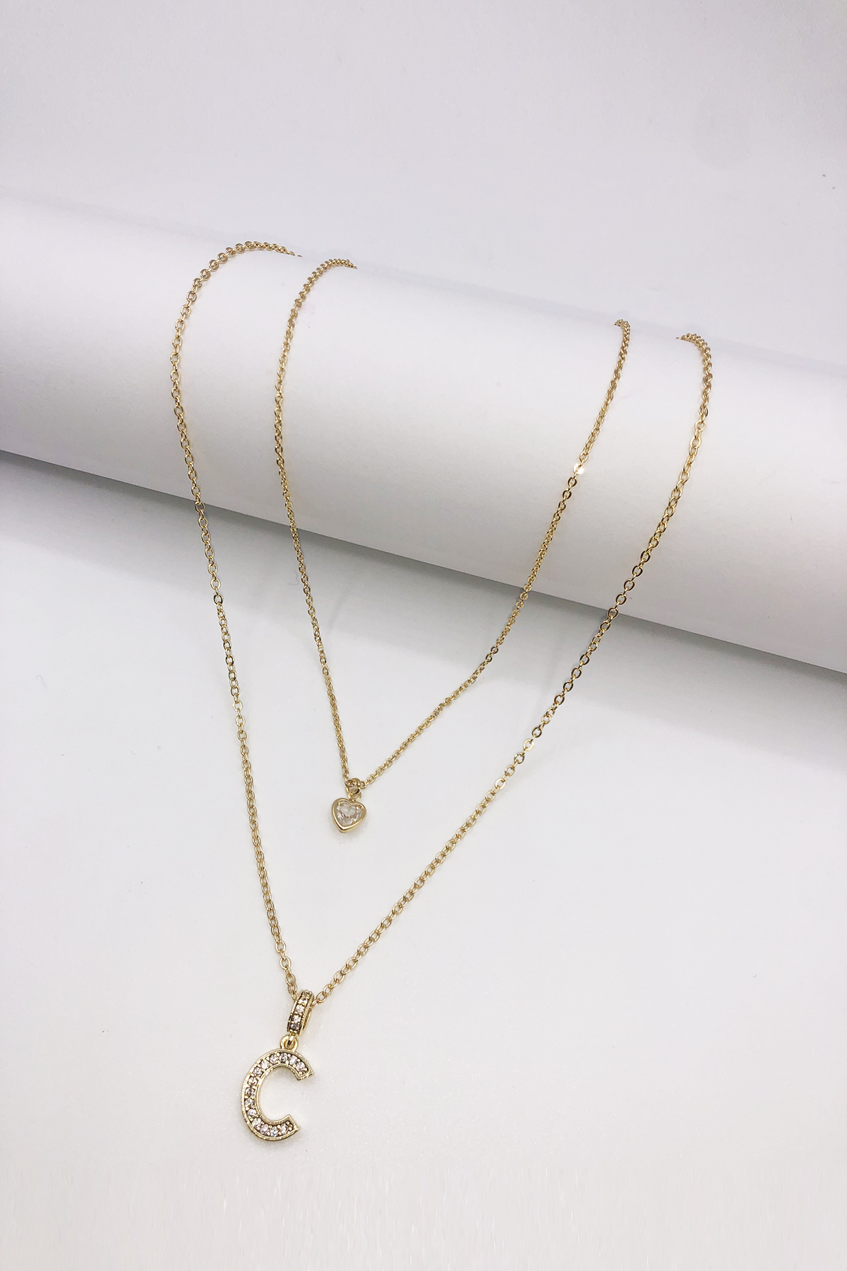 Kadın Kararmayan Çelik Gold Zirkon Taşlı Küçük Kalpli C Harfli Çift Katman Kolye 006