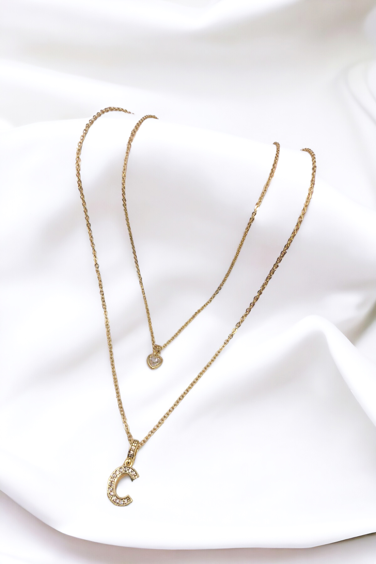 Kadın Kararmayan Çelik Gold Zirkon Taşlı Küçük Kalpli C Harfli Çift Katman Kolye 006