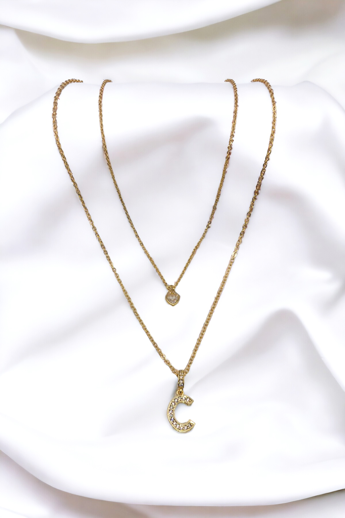 Kadın Kararmayan Çelik Gold Zirkon Taşlı Küçük Kalpli C Harfli Çift Katman Kolye 006