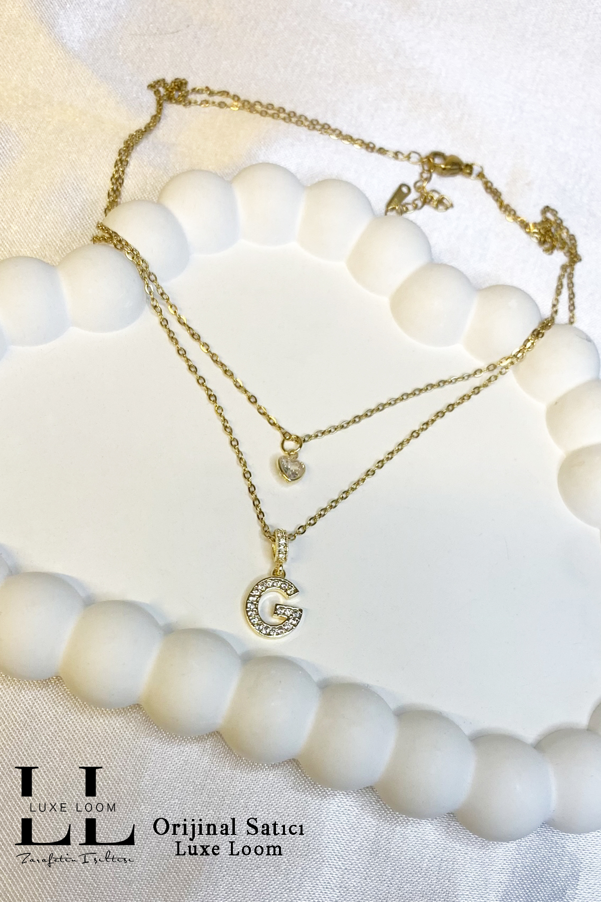 Kadın Kararmayan Çelik Gold Zirkon Taşlı Küçük Kalpli G Harfli Çift Katman Çelik Kolye 006