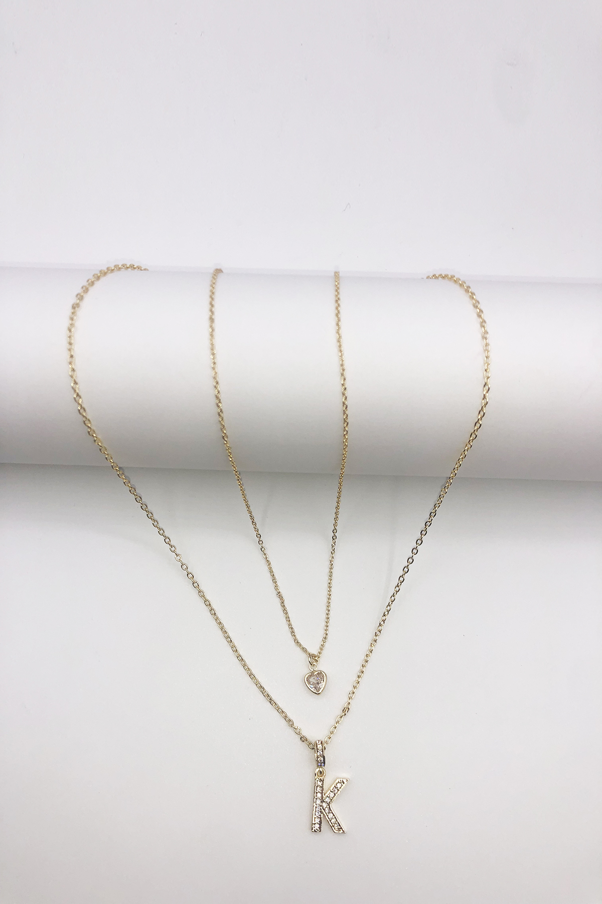 Kadın Kararmayan Çelik Gold Zirkon Taşlı Küçük Kalpli K Harfli Çift Katman Kolye 006