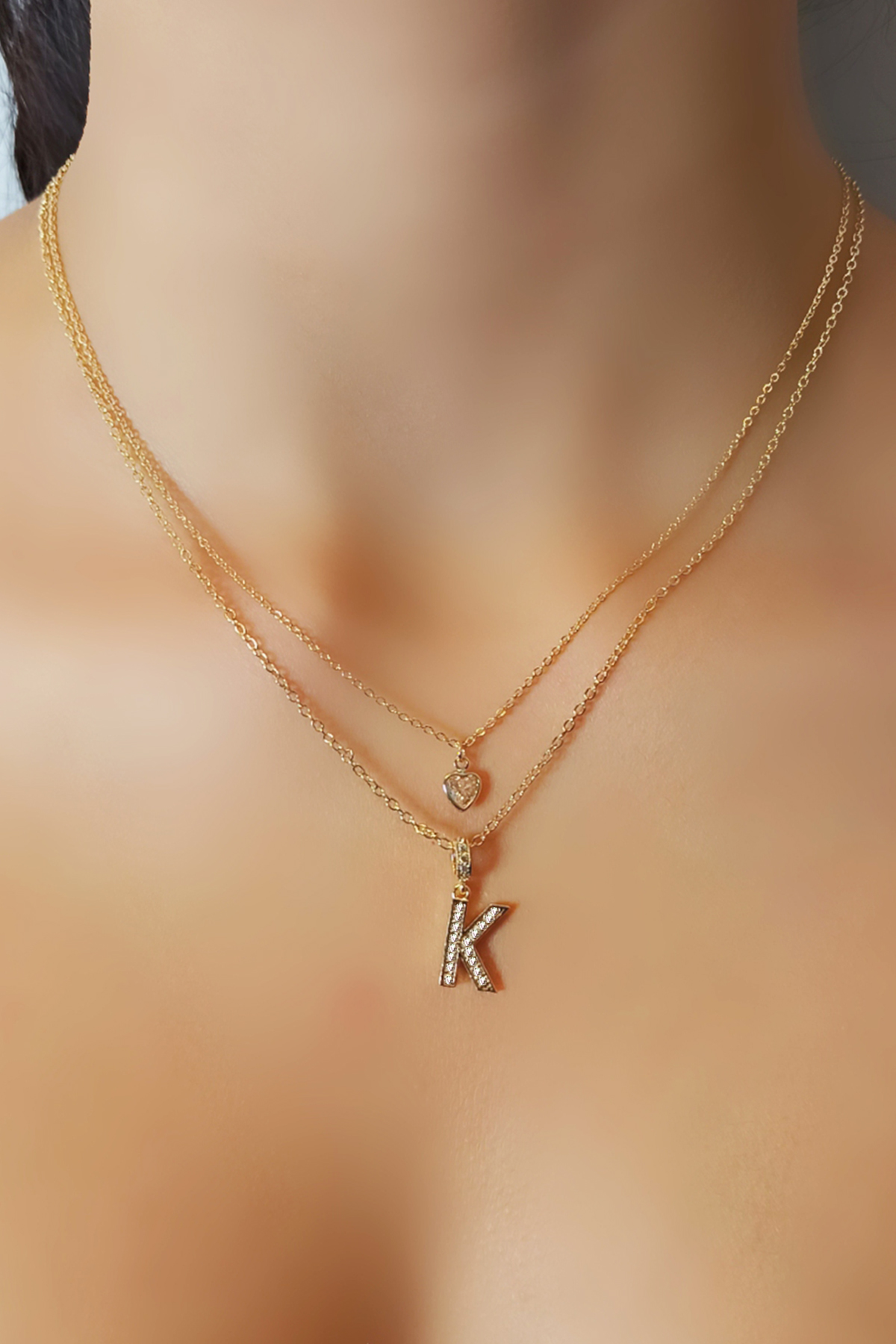 Kadın Kararmayan Çelik Gold Zirkon Taşlı Küçük Kalpli K Harfli Çift Katman Kolye 006