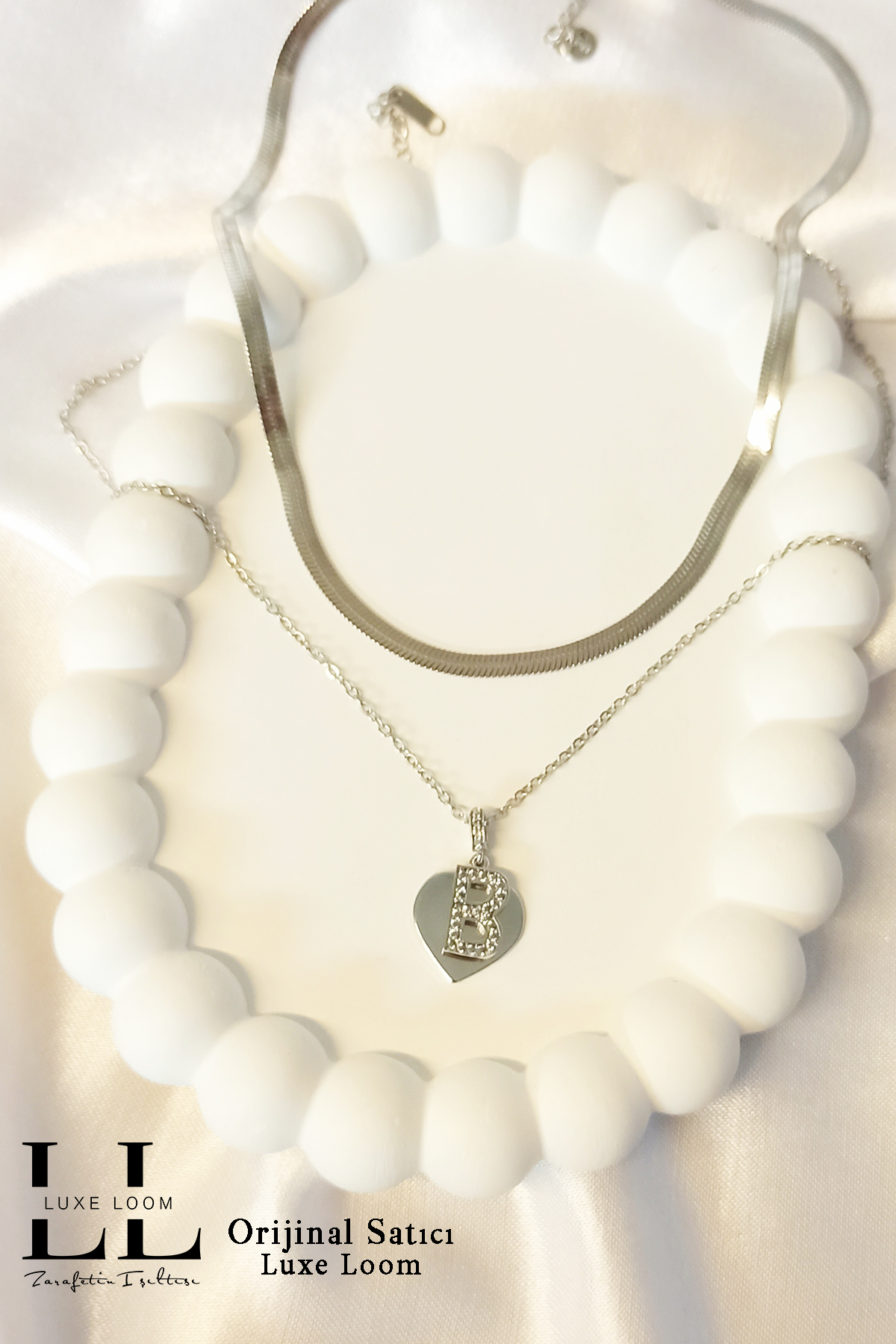 Kadın Kararmayan Çelik Gümüş Renk Italyan Ezme Ve Kalpli Zirkon Taşlı B Harf Kolye Seti 006