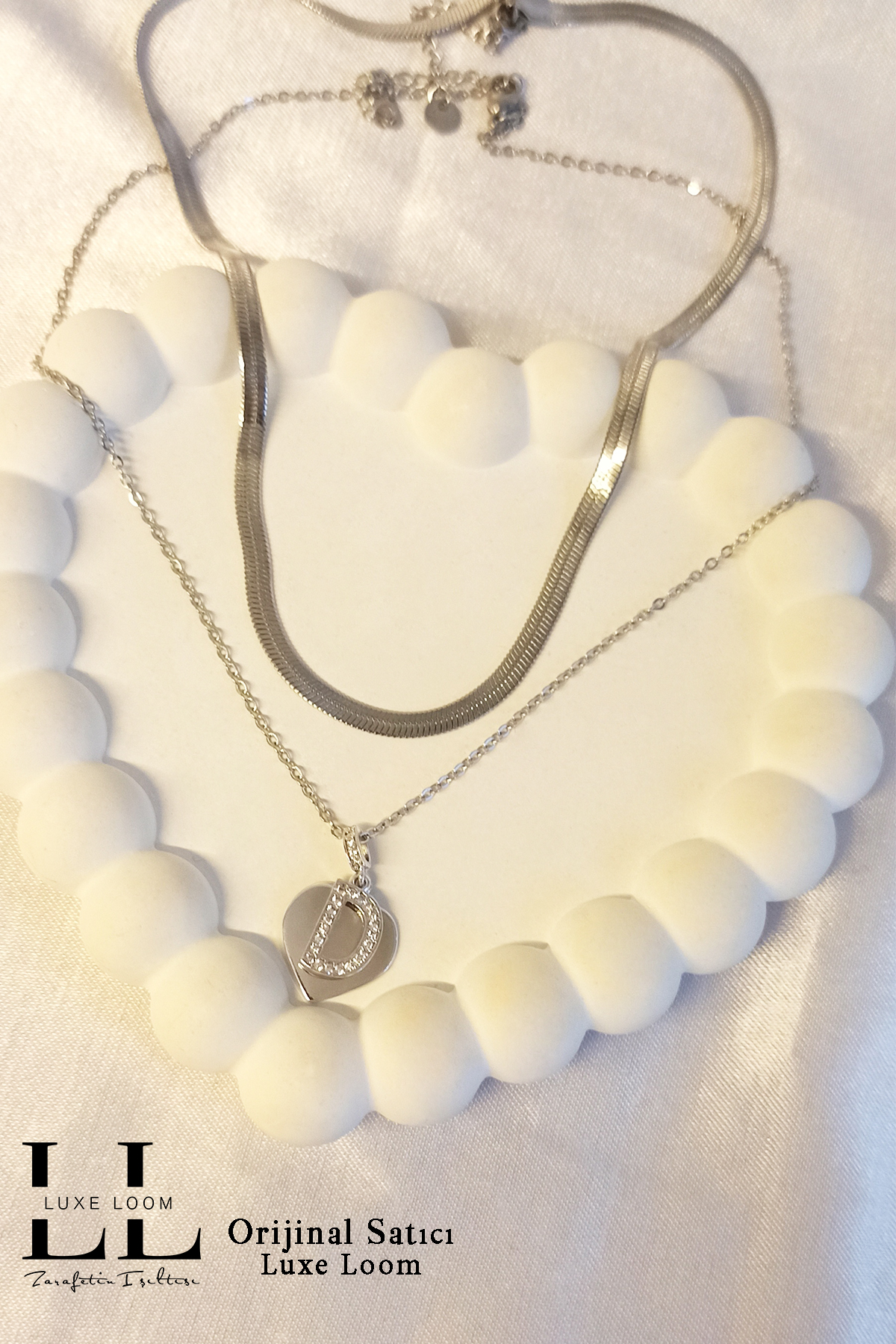 Kadın Kararmayan Çelik Gümüş Renk Italyan Ezme Ve Kalpli Zirkon Taşlı D Harf Kolye Seti 006