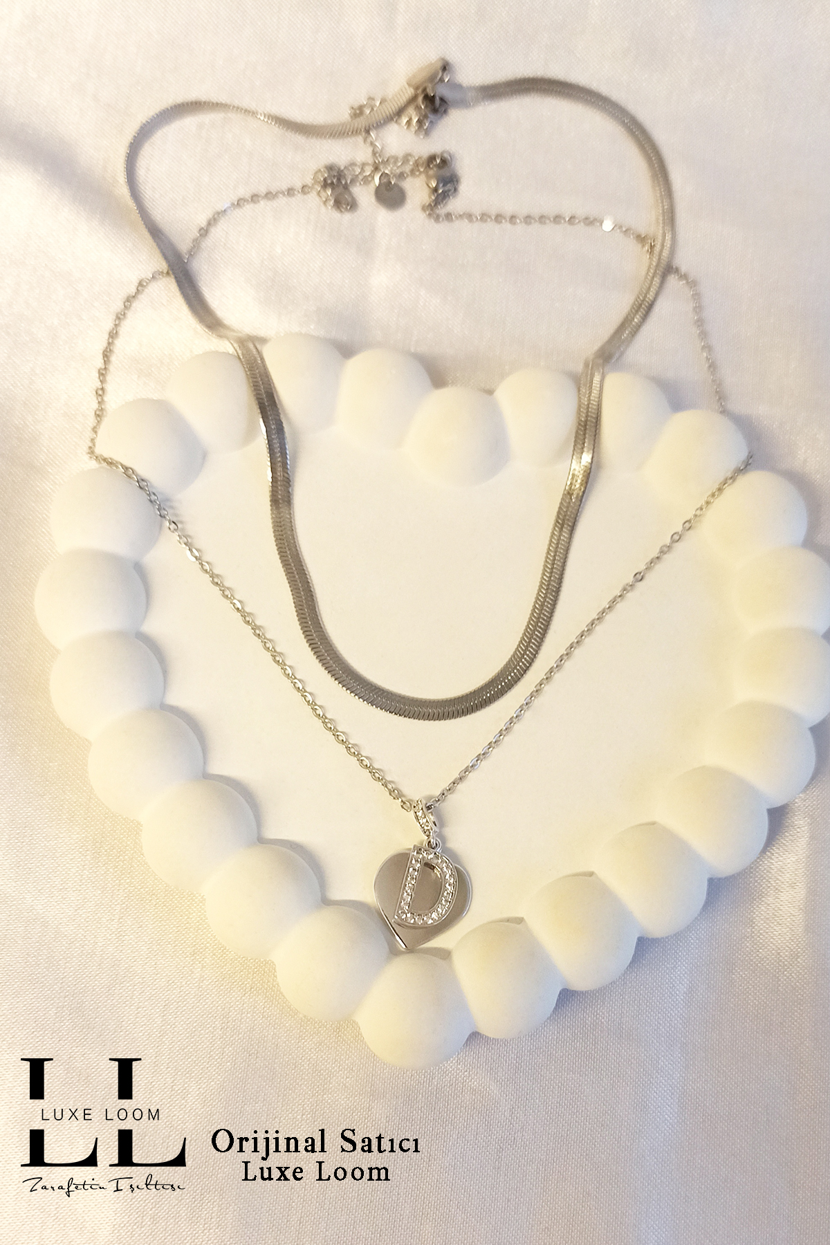 Kadın Kararmayan Çelik Gümüş Renk Italyan Ezme Ve Kalpli Zirkon Taşlı D Harf Kolye Seti 006