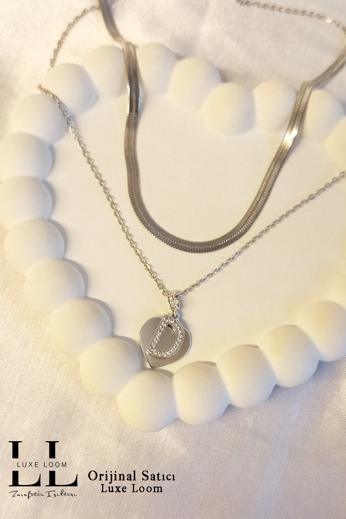 Kadın Kararmayan Çelik Gümüş Renk Italyan Ezme Ve Kalpli Zirkon Taşlı D Harf Kolye Seti 006