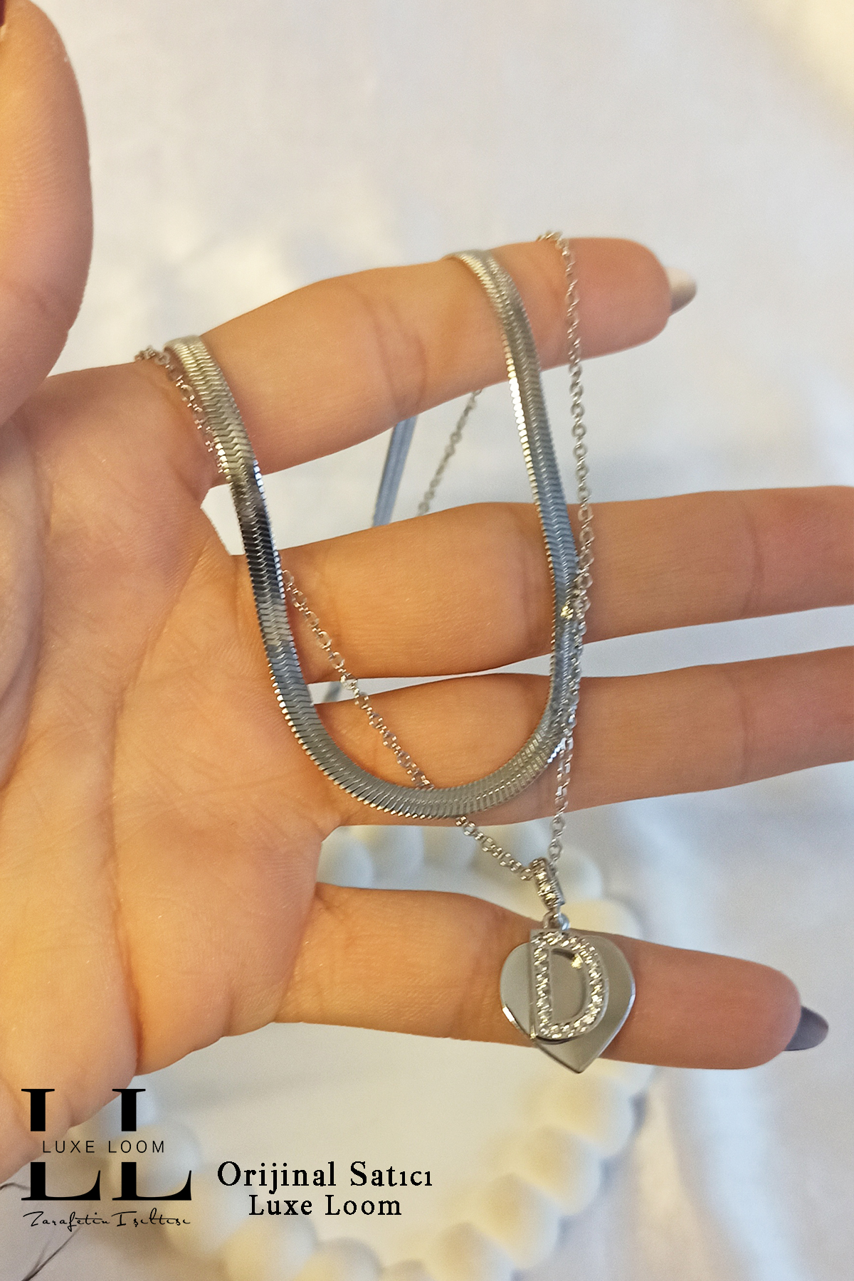 Kadın Kararmayan Çelik Gümüş Renk Italyan Ezme Ve Kalpli Zirkon Taşlı D Harf Kolye Seti 006