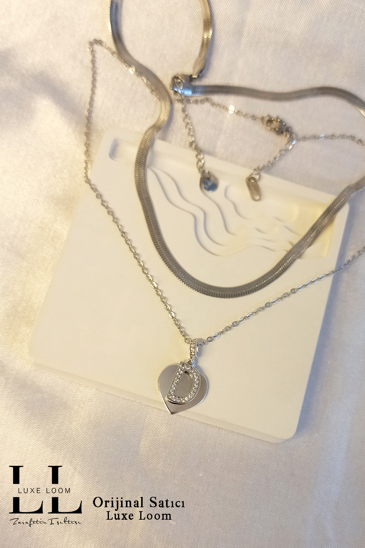 Kadın Kararmayan Çelik Gümüş Renk Italyan Ezme Ve Kalpli Zirkon Taşlı D Harf Kolye Seti 006