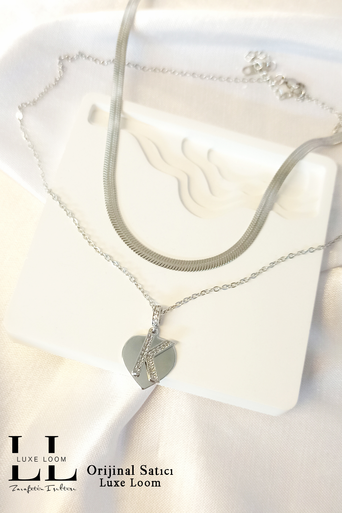 Kadın Kararmayan Çelik Gümüş Renk Italyan Ezme Ve Kalpli Zirkon Taşlı K Harf Kolye Seti 006