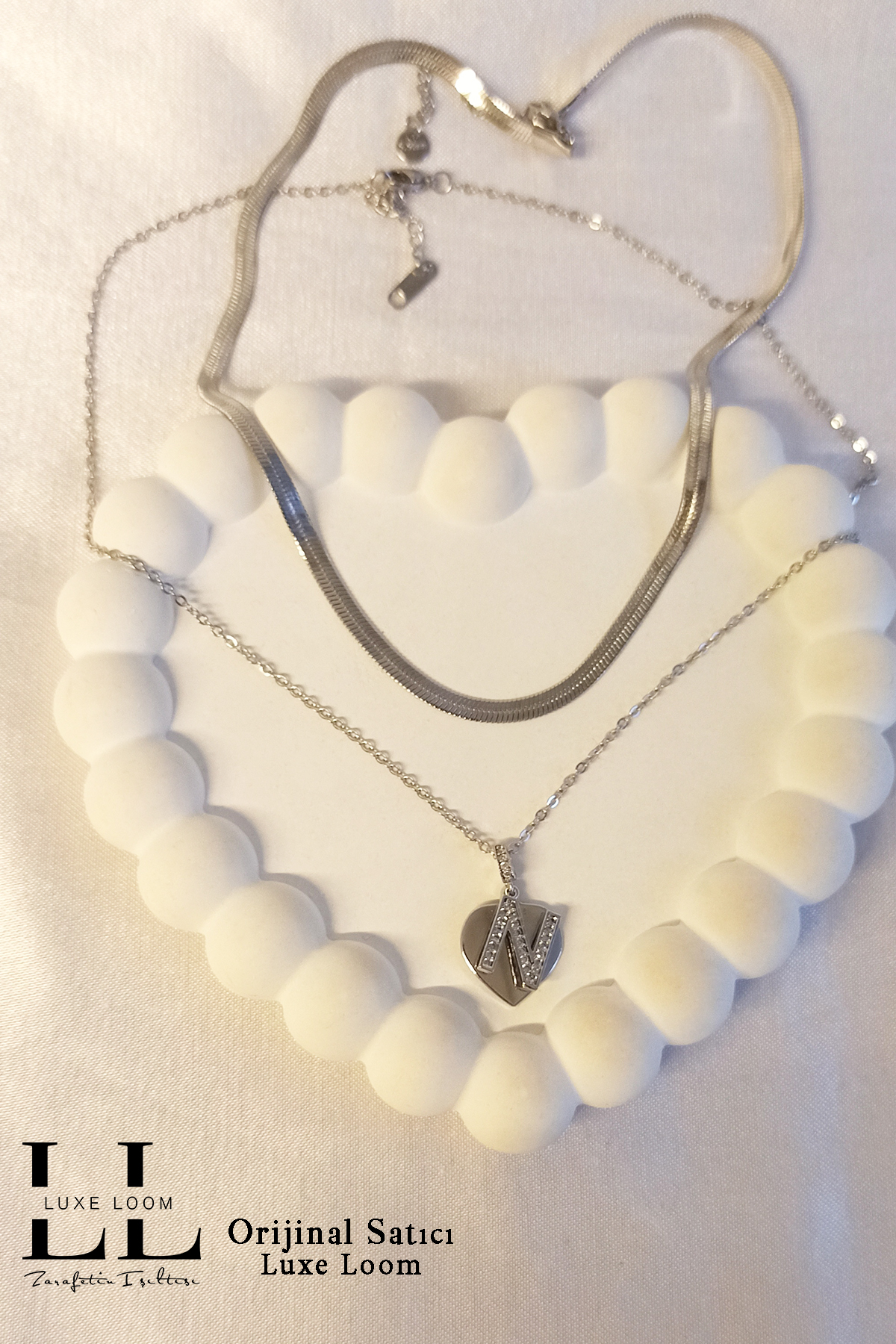 Kadın Kararmayan Çelik Gümüş Renk Italyan Ezme Ve Kalpli Zirkon Taşlı N Harf Kolye Seti 006