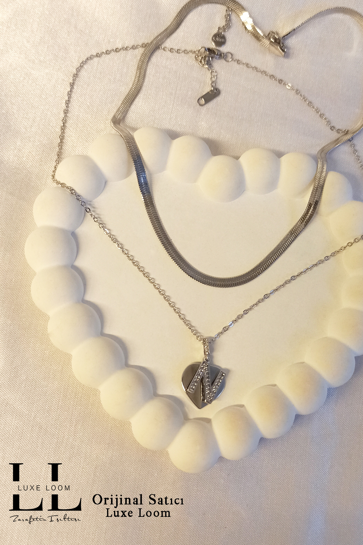 Kadın Kararmayan Çelik Gümüş Renk Italyan Ezme Ve Kalpli Zirkon Taşlı N Harf Kolye Seti 006