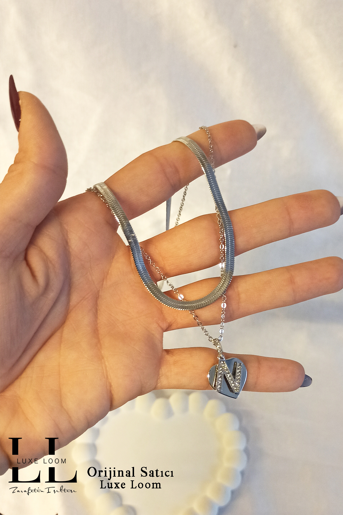 Kadın Kararmayan Çelik Gümüş Renk Italyan Ezme Ve Kalpli Zirkon Taşlı N Harf Kolye Seti 006