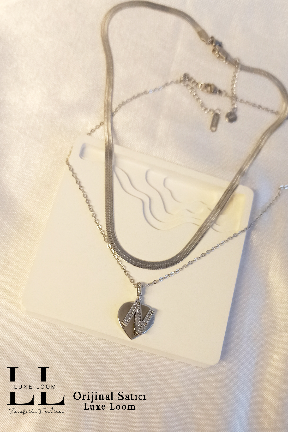 Kadın Kararmayan Çelik Gümüş Renk Italyan Ezme Ve Kalpli Zirkon Taşlı N Harf Kolye Seti 006