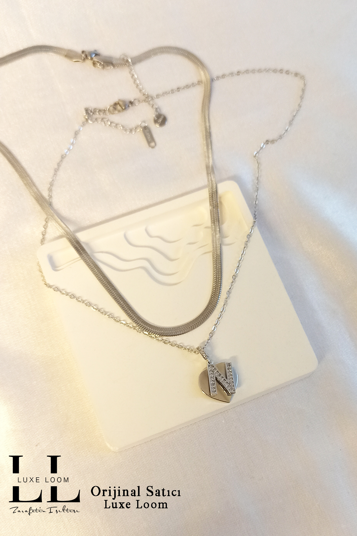 Kadın Kararmayan Çelik Gümüş Renk Italyan Ezme Ve Kalpli Zirkon Taşlı N Harf Kolye Seti 006