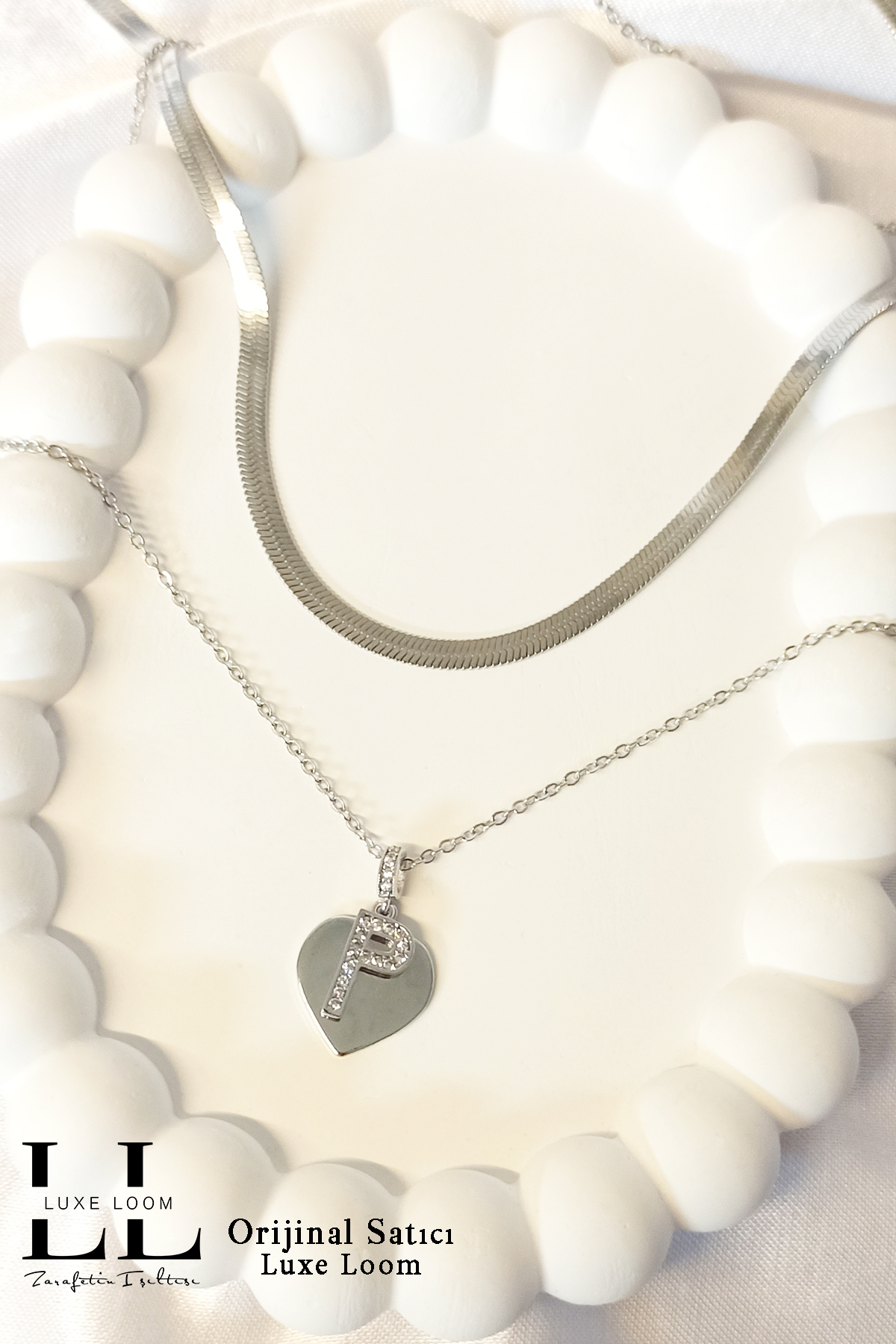 Kadın Kararmayan Çelik Gümüş Renk Italyan Ezme Ve Kalpli Zirkon Taşlı P Harf Kolye Seti 006