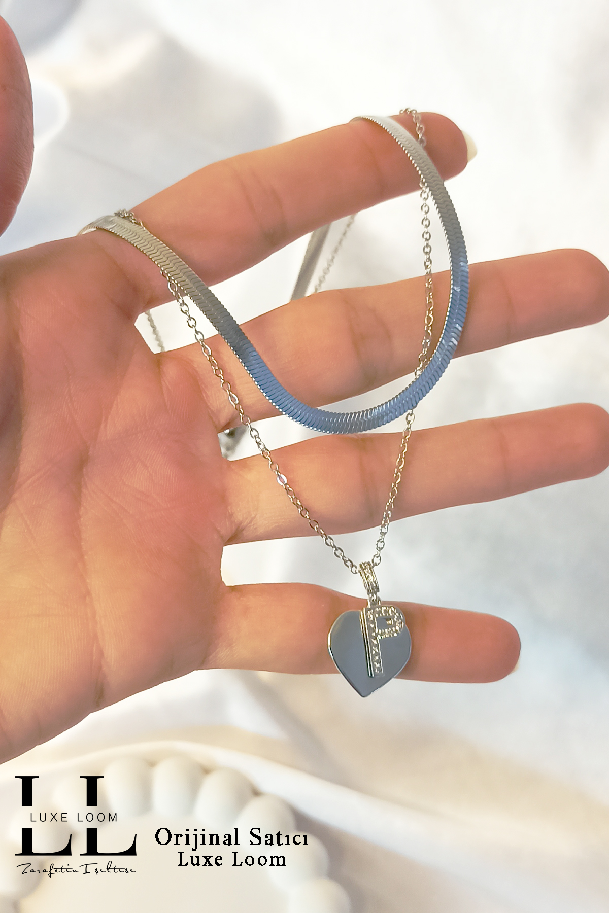 Kadın Kararmayan Çelik Gümüş Renk Italyan Ezme Ve Kalpli Zirkon Taşlı P Harf Kolye Seti 006