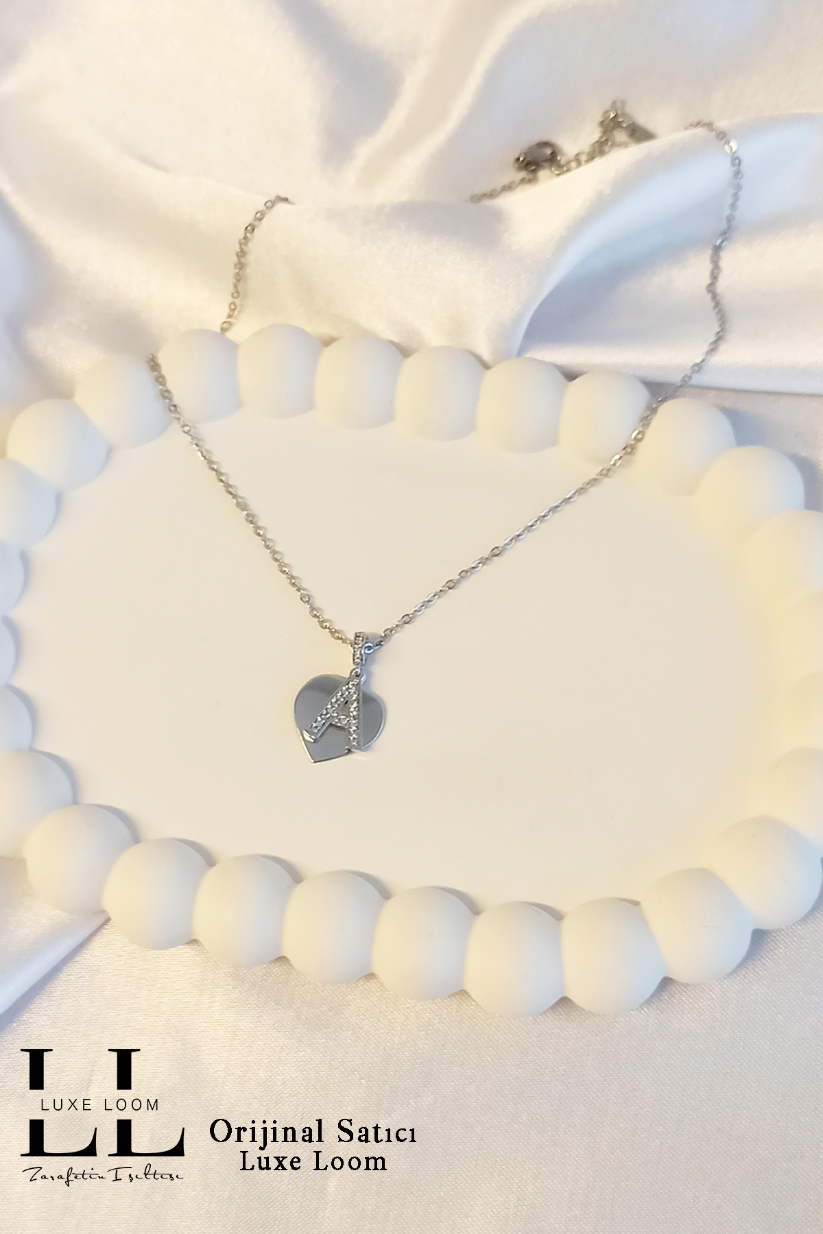 Kadın Kararmayan Çelik Gümüş Renk Zirkon Taşlı Kalp Üstüne A Harfli Çift Katman Kolye 006