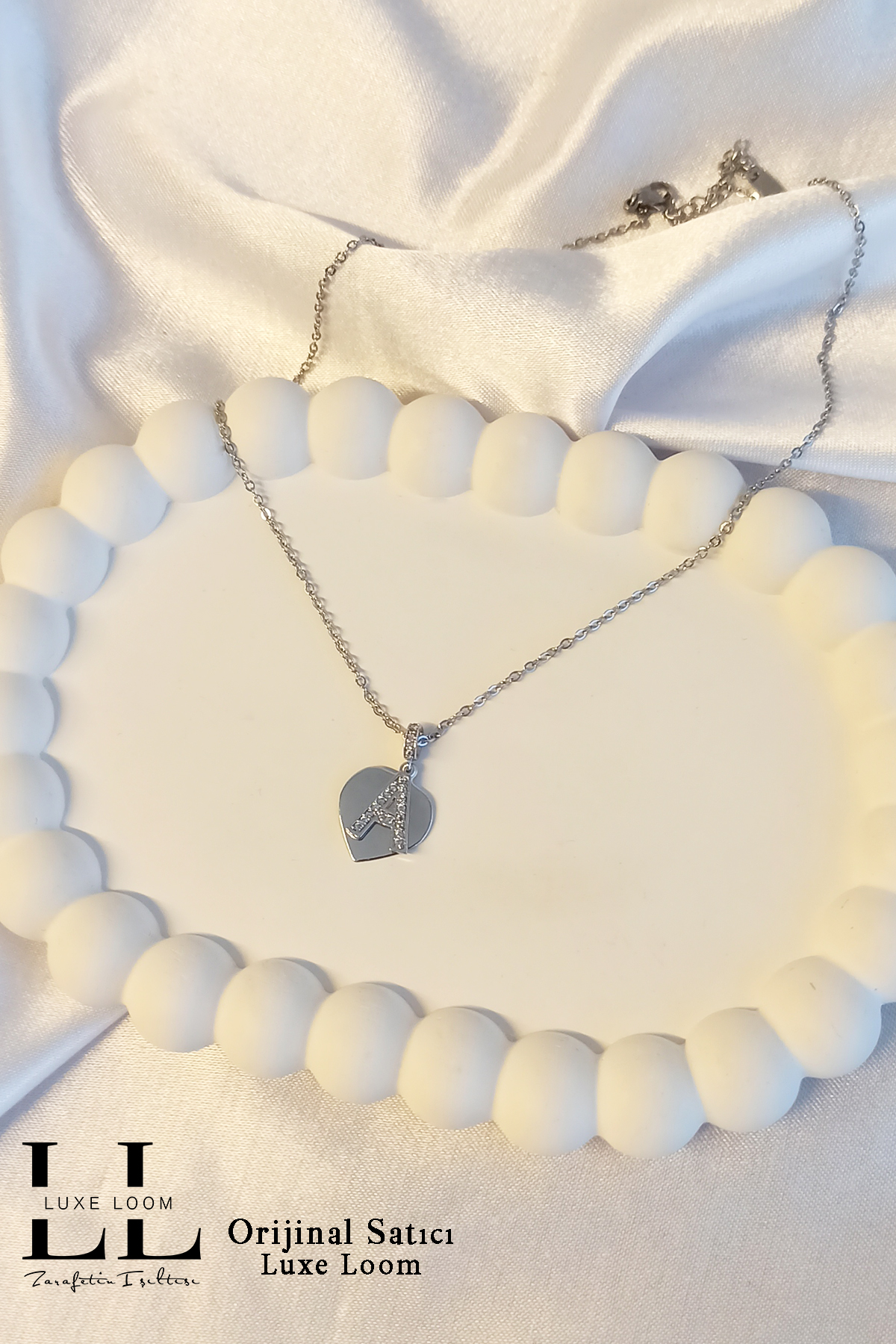 Kadın Kararmayan Çelik Gümüş Renk Zirkon Taşlı Kalp Üstüne A Harfli Çift Katman Kolye 006