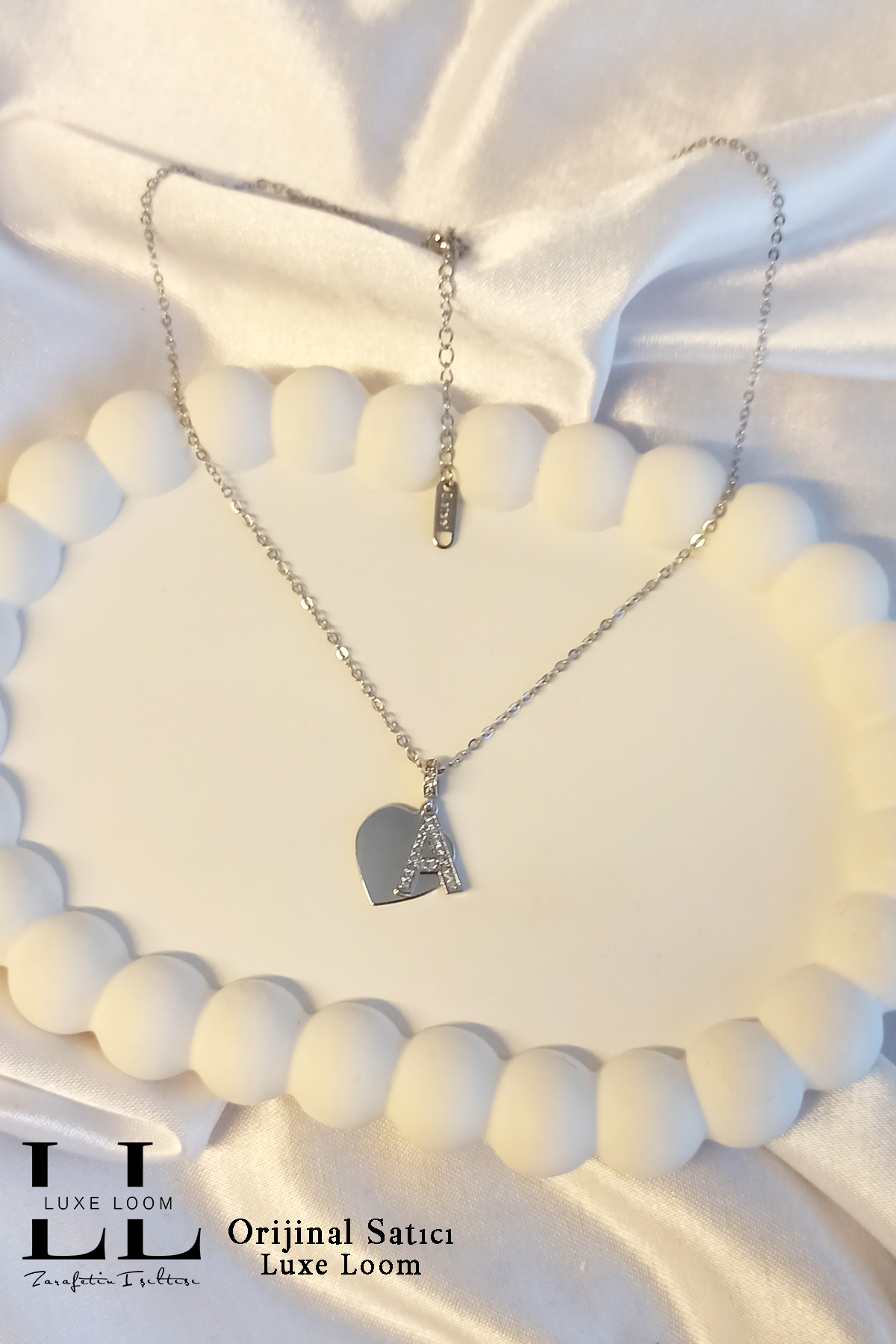 Kadın Kararmayan Çelik Gümüş Renk Zirkon Taşlı Kalp Üstüne A Harfli Çift Katman Kolye 006