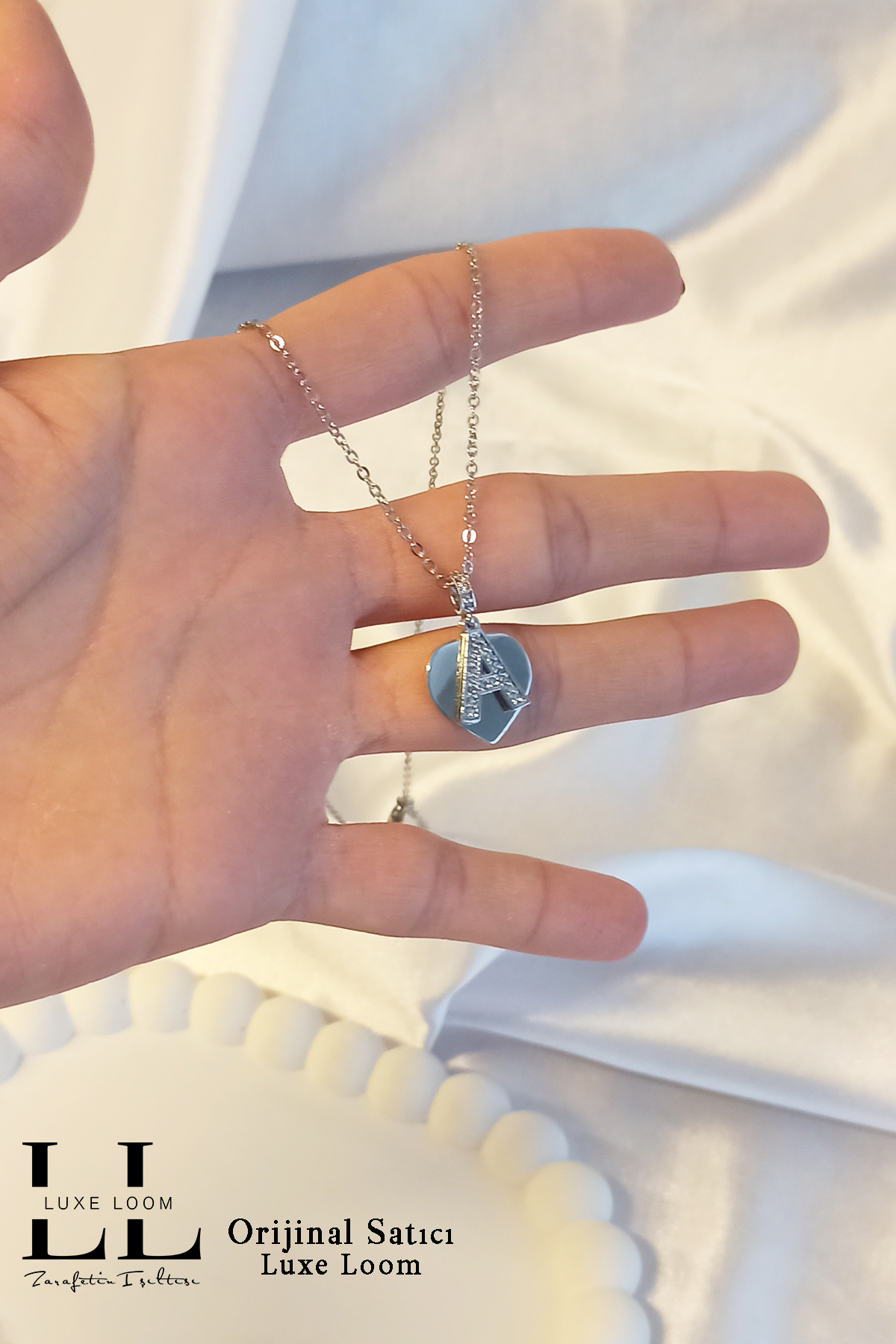 Kadın Kararmayan Çelik Gümüş Renk Zirkon Taşlı Kalp Üstüne A Harfli Çift Katman Kolye 006