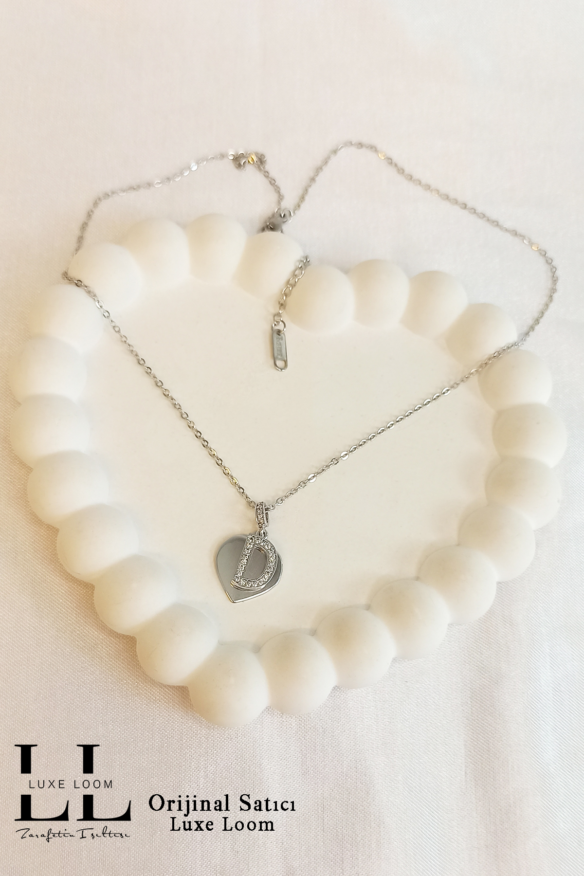 Kadın Kararmayan Çelik Gümüş Renk Zirkon Taşlı Kalp Üstüne D Harfli Çift Katman Kolye 006