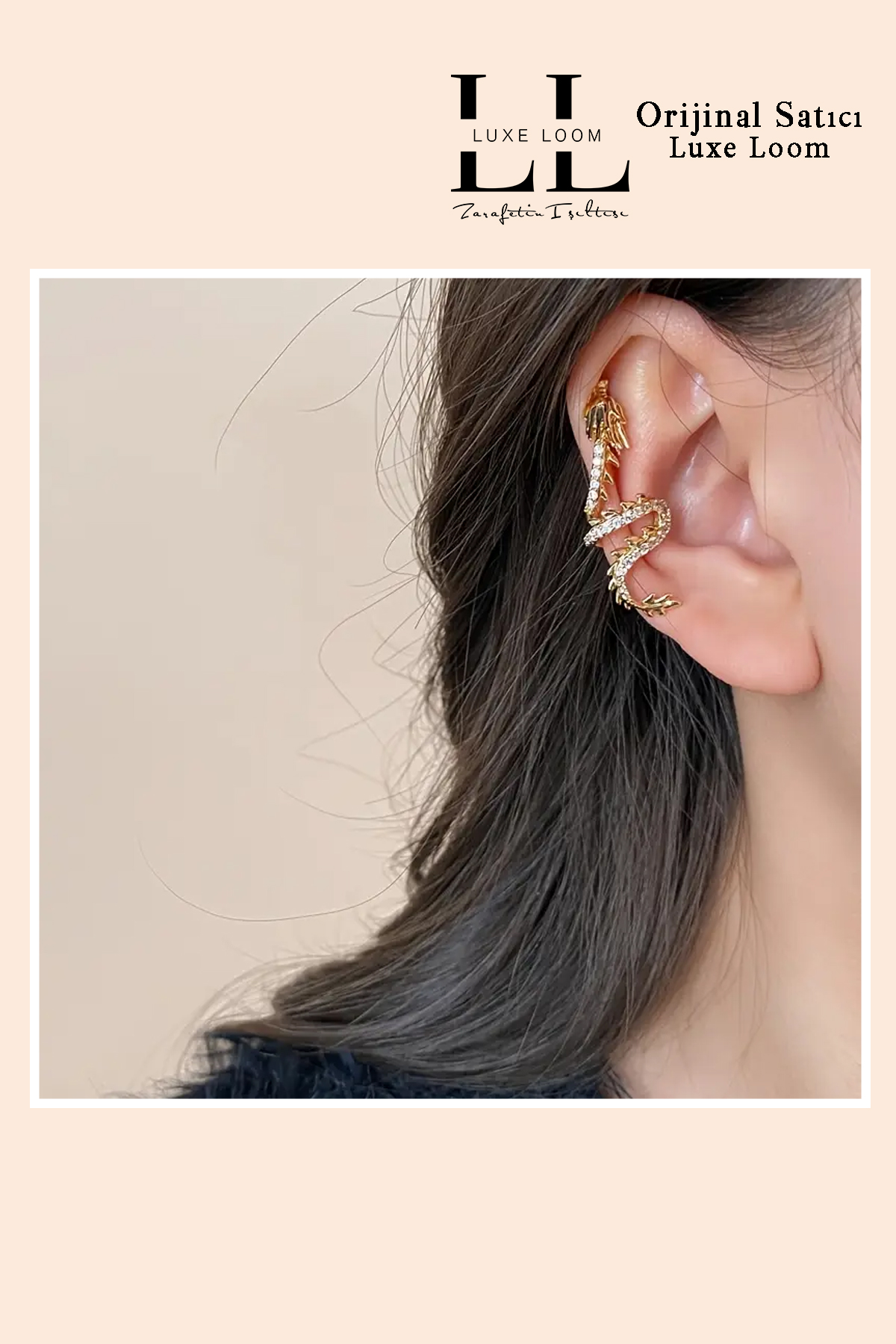 Kadın Kararmayan Gold Şık Zirkon Taşlı Ejderha Sağ Kulak Deliksiz Kıkırdak Küpe 001