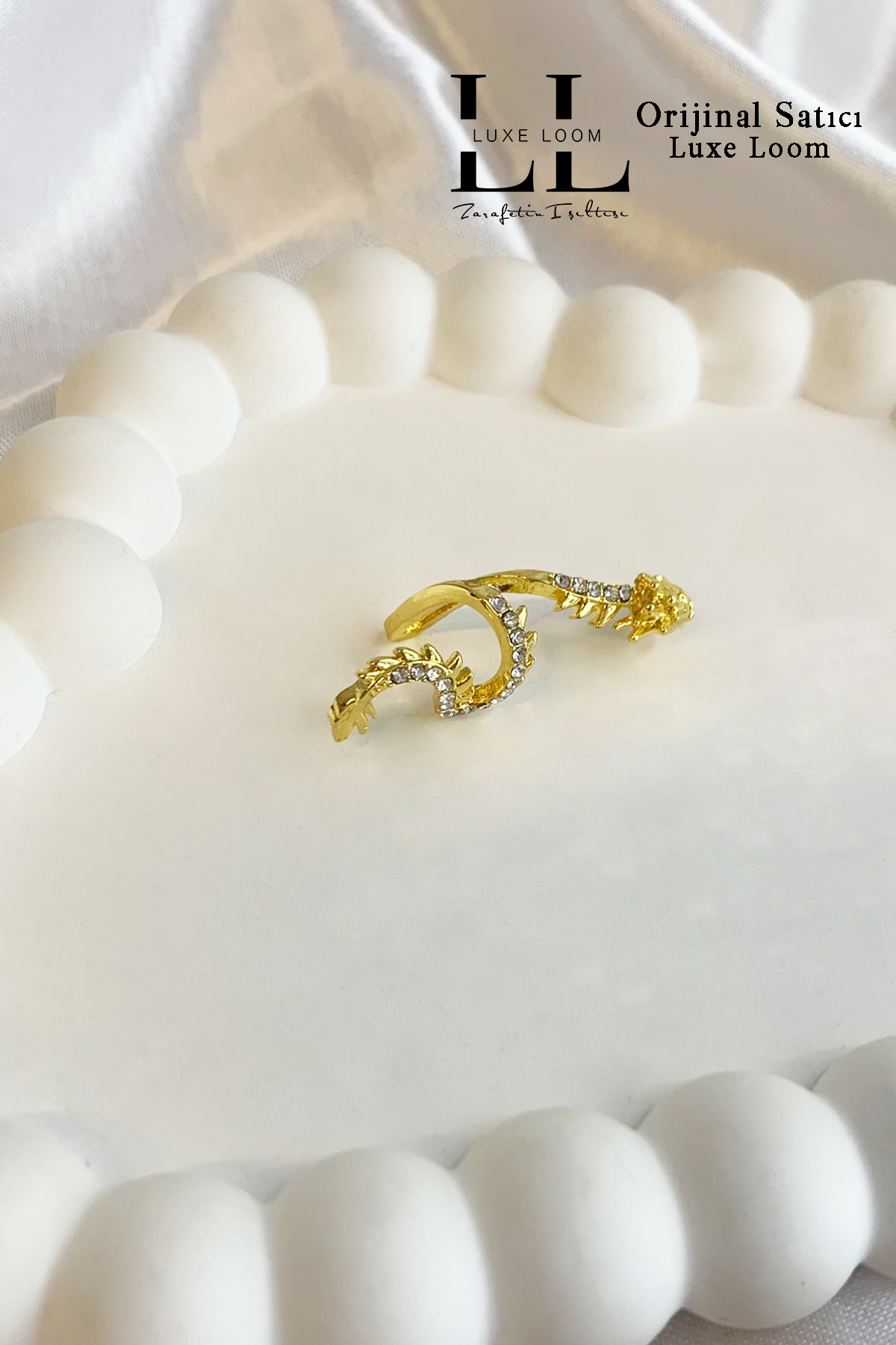 Kadın Kararmayan Gold Şık Zirkon Taşlı Ejderha Sağ Kulak Deliksiz Kıkırdak Küpe 001