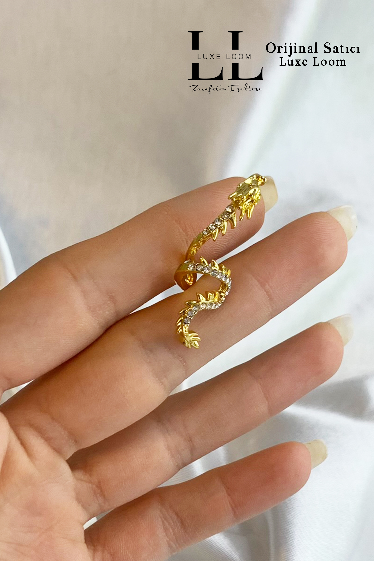 Kadın Kararmayan Gold Şık Zirkon Taşlı Ejderha Sağ Kulak Deliksiz Kıkırdak Küpe 001