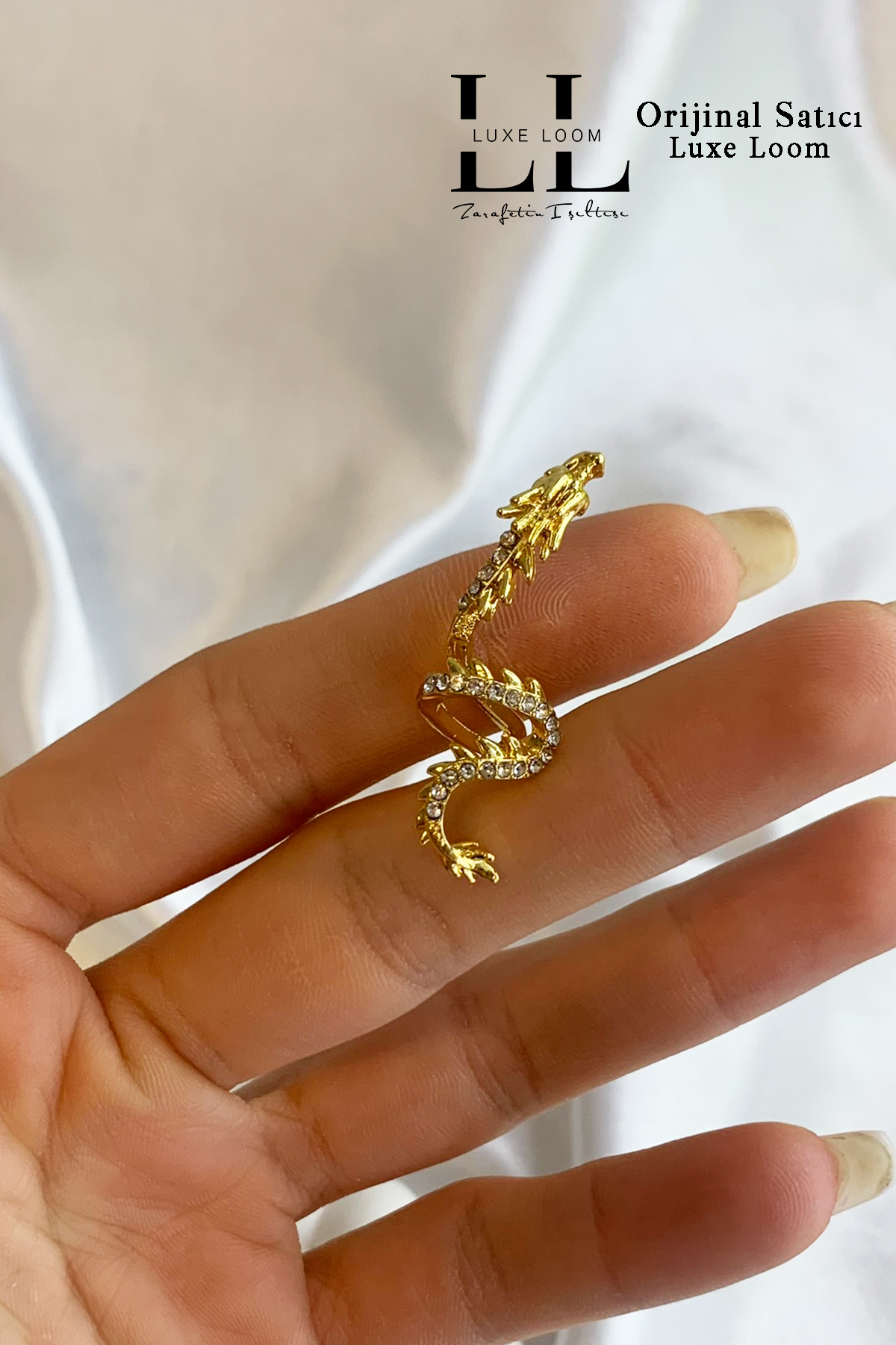 Kadın Kararmayan Gold Şık Zirkon Taşlı Ejderha Sağ Kulak Deliksiz Kıkırdak Küpe 001