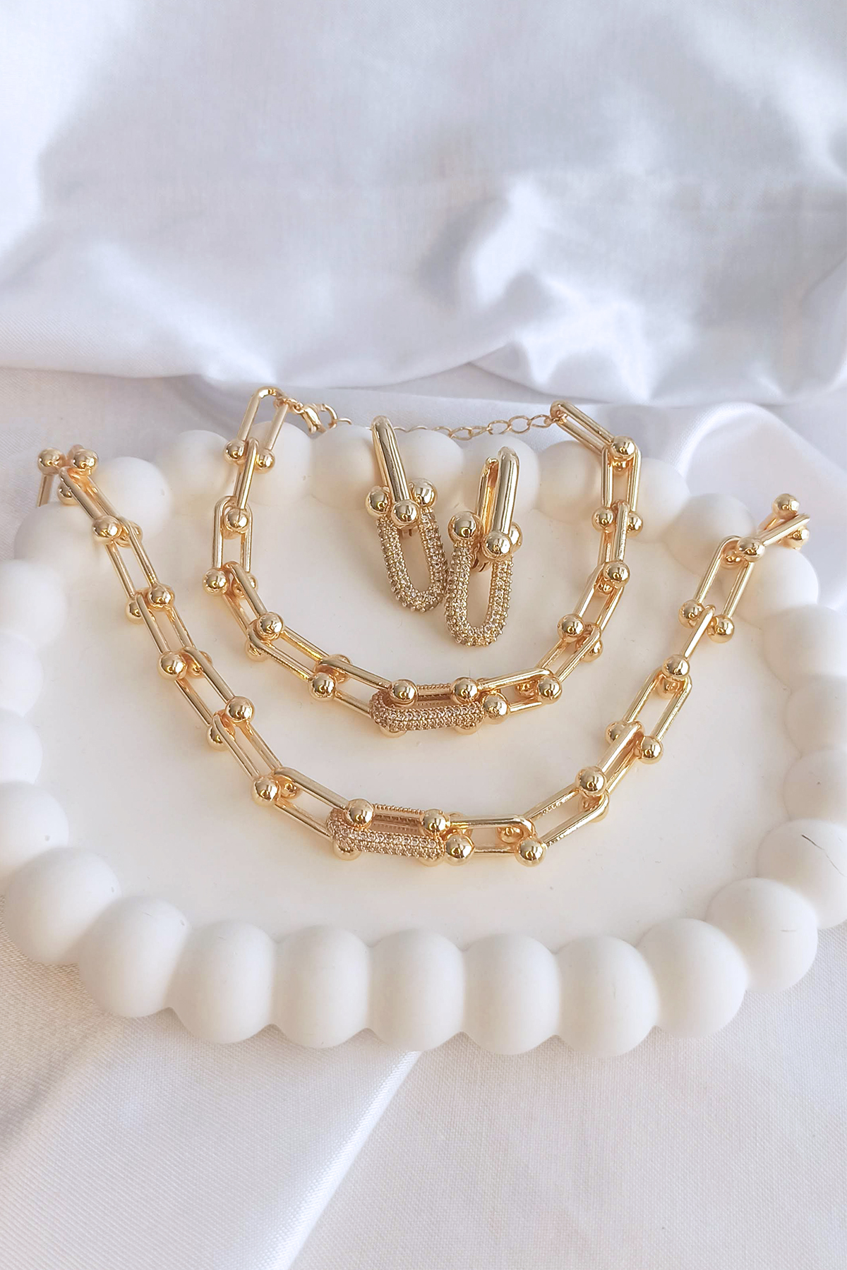 Kadın Zirkon Taşlı Gold Renk Tiffany & Co Model Kolye Küpe Bileklik Seti