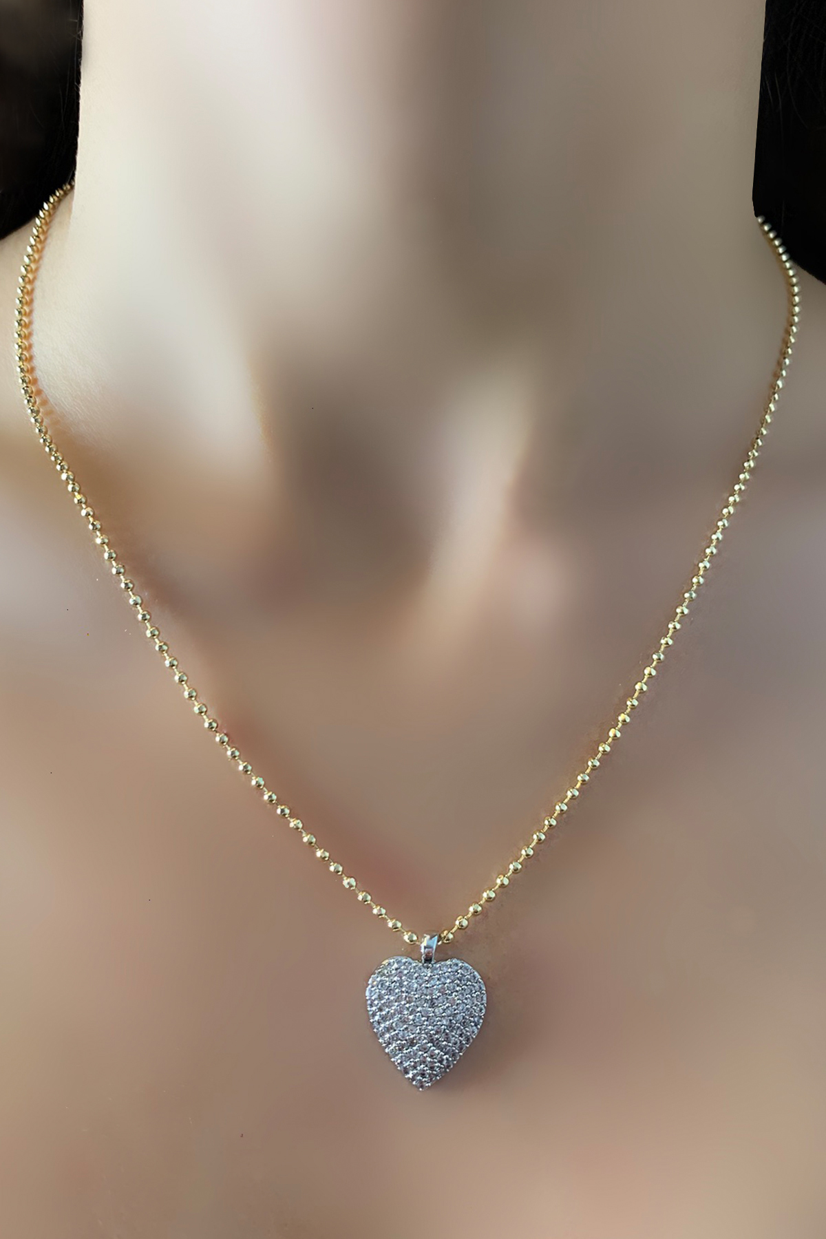 Kadın Zirkon Taşlı Gold Zincir Gümüş Renk Çelik Kalp Şık Kolye