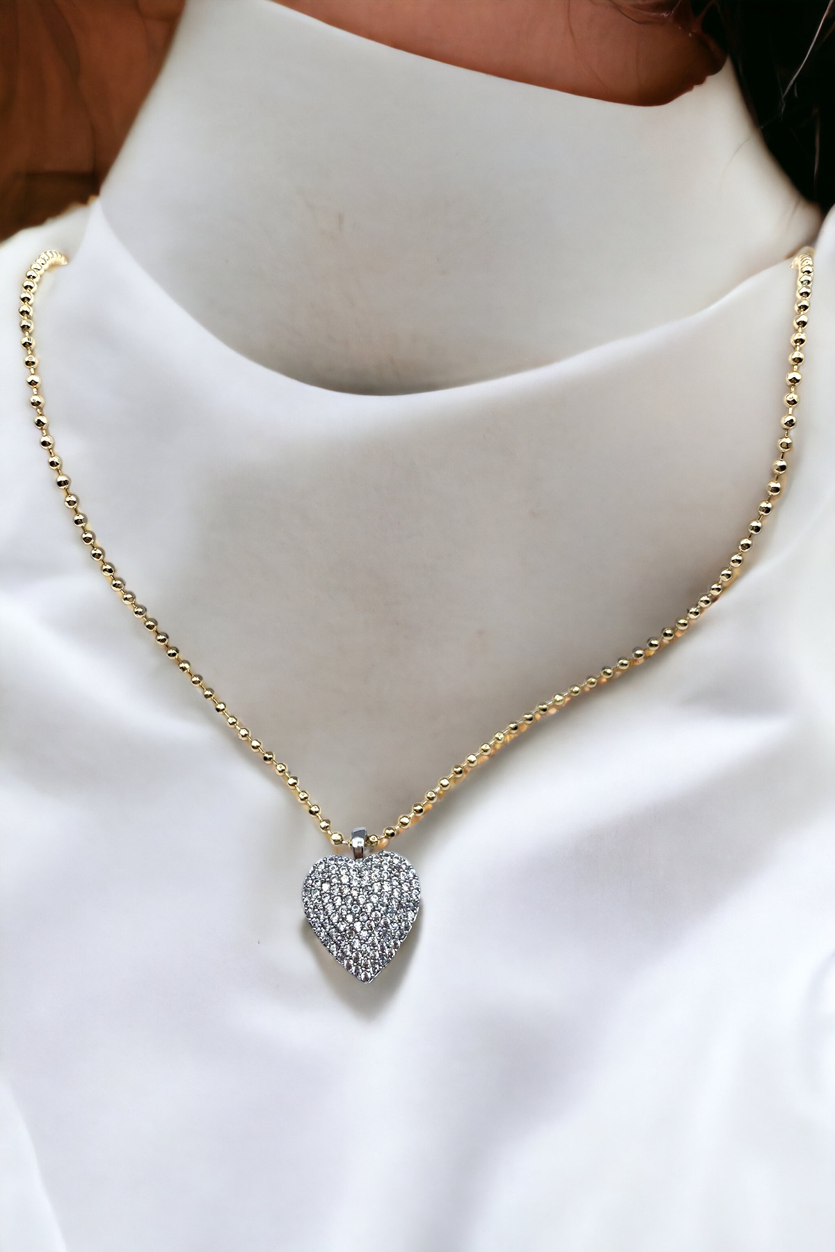 Kadın Zirkon Taşlı Gold Zincir Gümüş Renk Çelik Kalp Şık Kolye