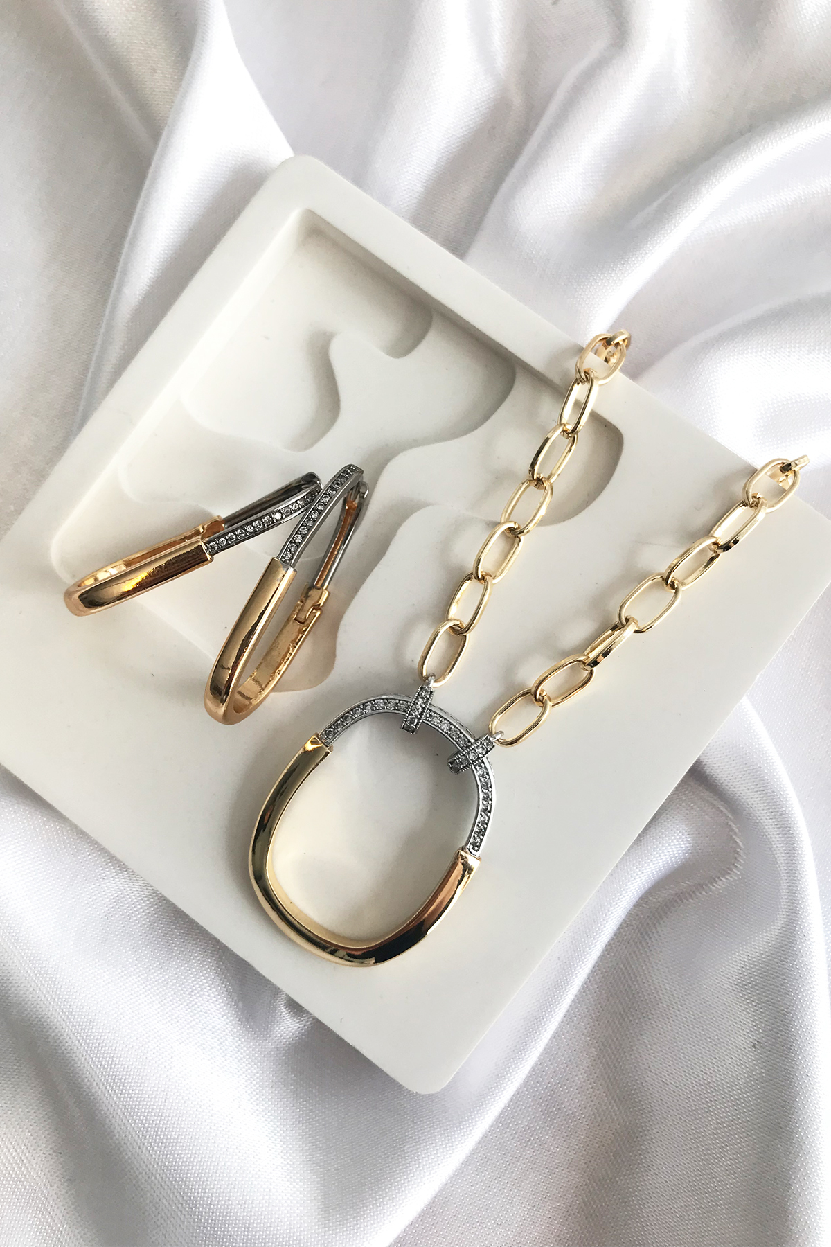 Kadın Zirkon Taşlı Oval Çift Renk Tiffany Kolye Küpe Seti