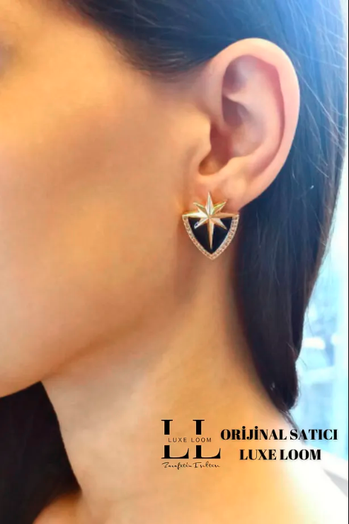 Kadın Zirkon Taşlı Siyah Kuzey Yıldızı Küpe 003