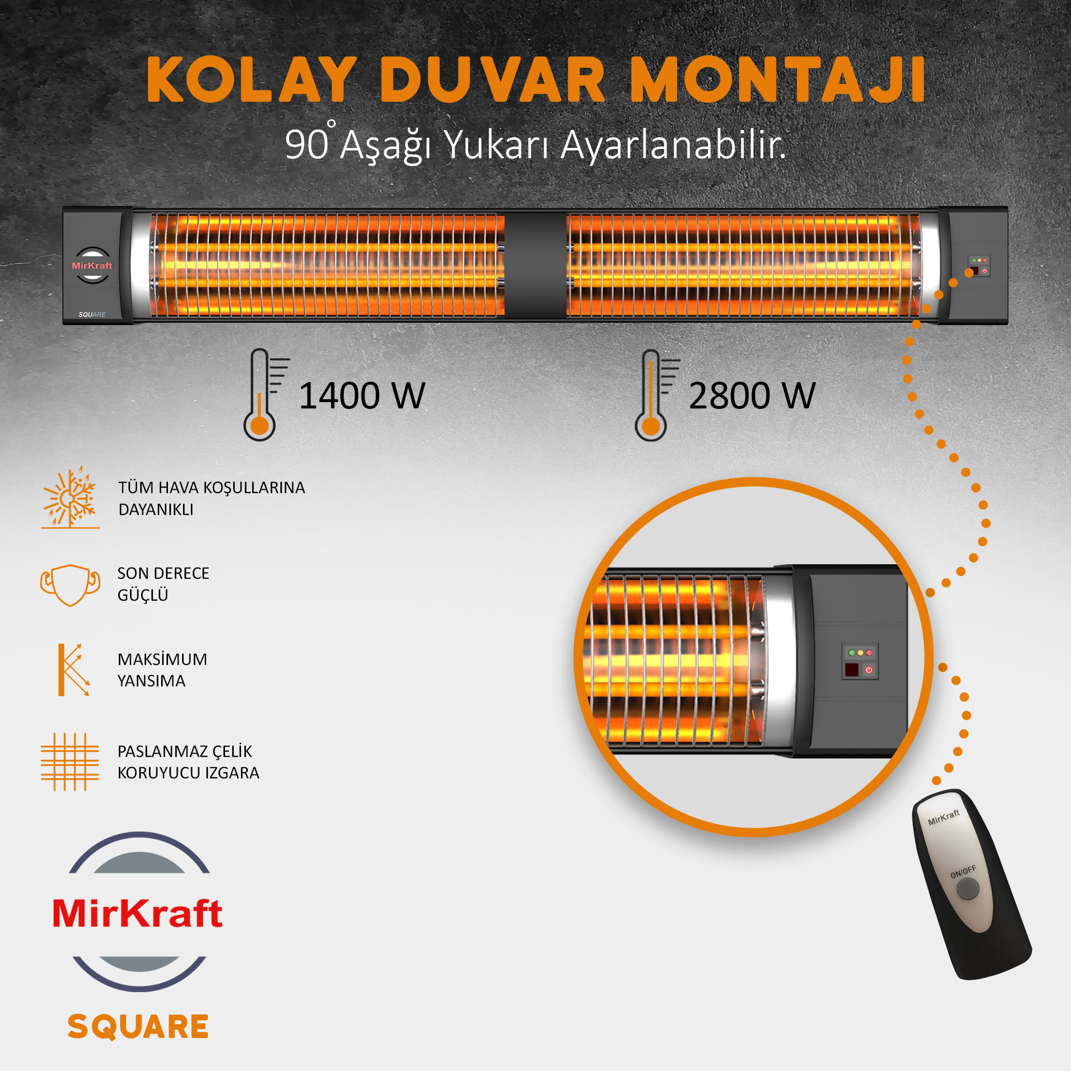 MirKraft Square Duvar Tipi 2800W Güçlü Isıtıcı