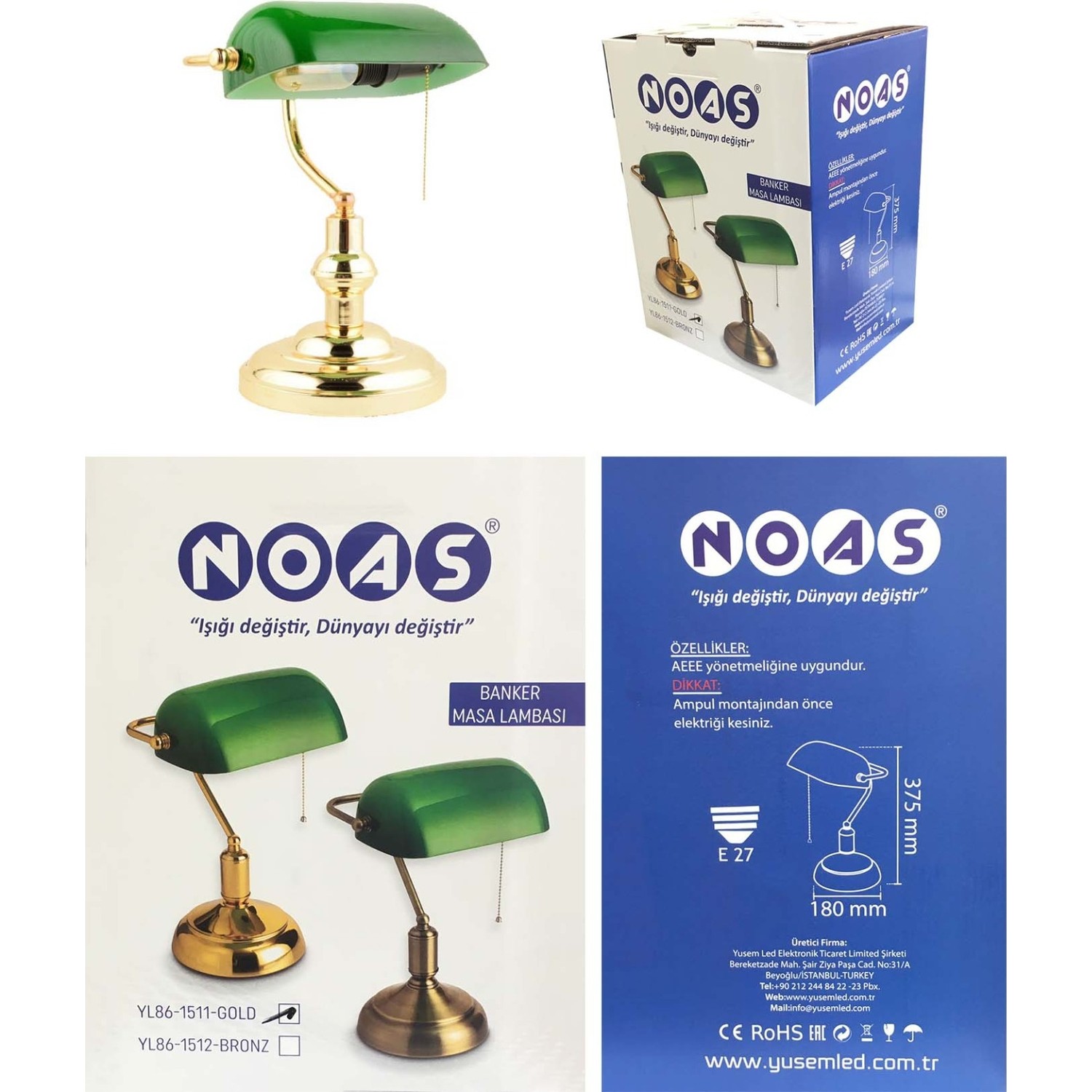 NOAS Banker Tipi Masa Lambası Gold Kasa Yeşil Cam