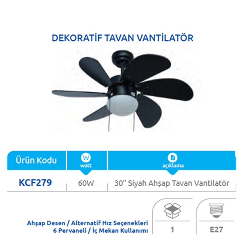 Vanti KCF279 60W Siyah Ahşap Desenli Aydınlatmalı Tavan Vantilatörü