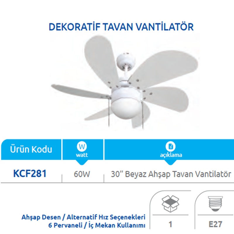 Vanti KCF281 60W Beyaz Ahşap Desenli Aydınlatmalı Tavan Vantilatörü