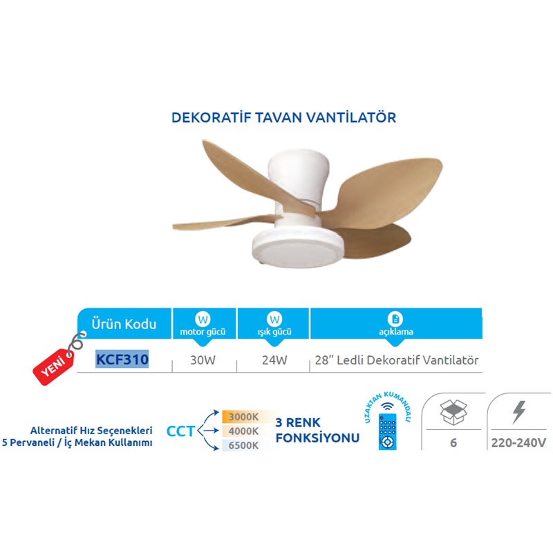 Vanti KCF310 30W LED Aydınlatmalı Dekoratif Tavan Vantilatörü - Açık Ahşap