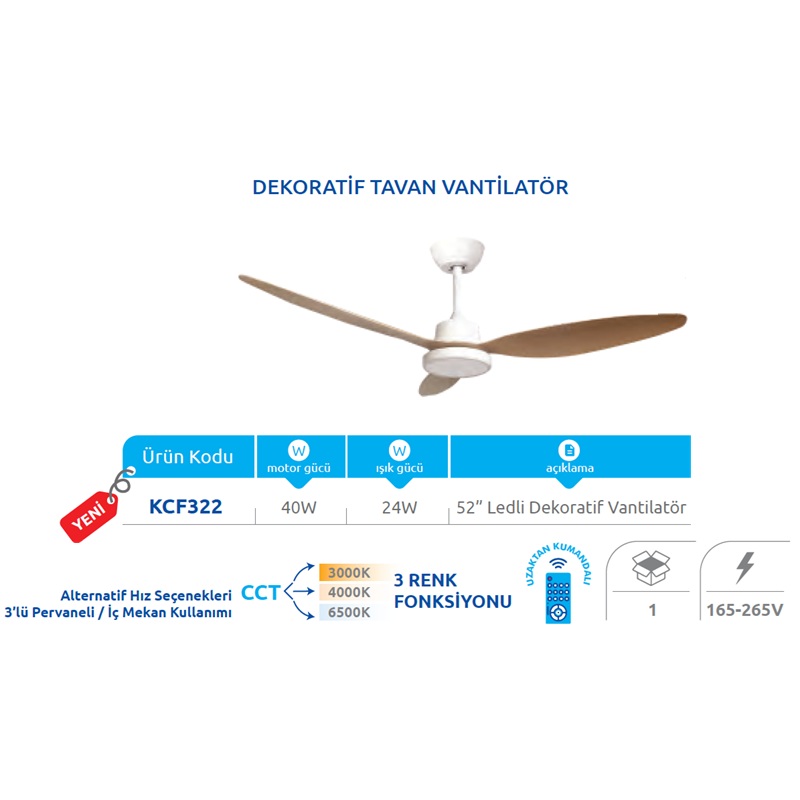 Vanti KCF322 40W LED Aydınlatmalı Dekoratif Tavan Vantilatörü - Açık Ahşap