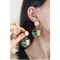 Kadın Yeşil Sedef Desenli Geometrik Küpe