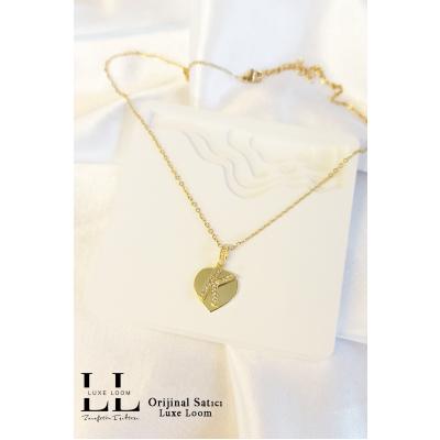 Kadın Gold Çelik Zirkon Taşlı Kalp Üstüne K Harfli Çift Katman Kolye 006