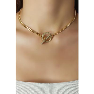 Kadın Gold Halka Zirkon Taşlı Geçirmeli Ot Dümen Kilit Kolye 007