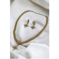 Kadın Gold Renk Kar Tanesi Zirkon Taşlı Çağla Şikel Kolye Küpe Seti 004