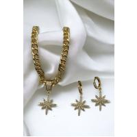 Kadın Gold Renk Kar Tanesi Zirkon Taşlı Çağla Şikel Kolye Küpe Seti 004