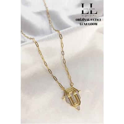 Kadın Gold Renk Leyla Zirkon Taşlı Baget Çelik Kolye