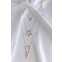 Kadın Gold Renk Yıldız Ve Üçgen Figürlü Üçlü Uzun Kolye 008