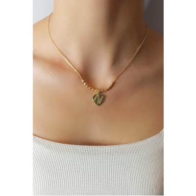 Kadın Gold Zirkon Taşlı Kalp Üstüne N Harfli Çift Katman Kolye 006